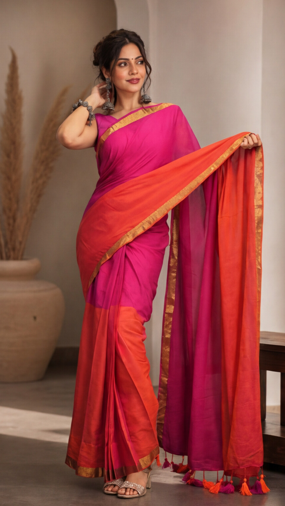 Mul Mul Cotton Saree - Pink and Orange