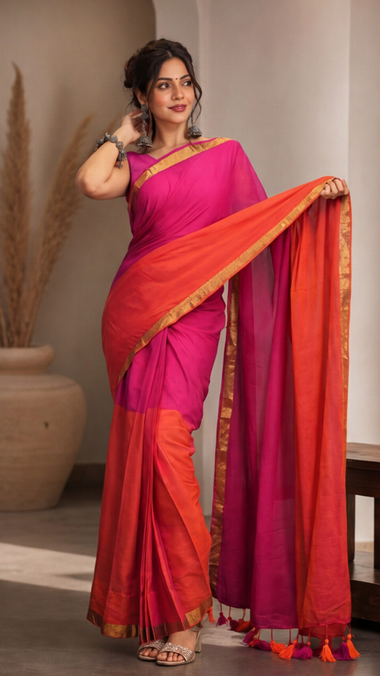 Mul Mul Cotton Saree - Pink and Orange