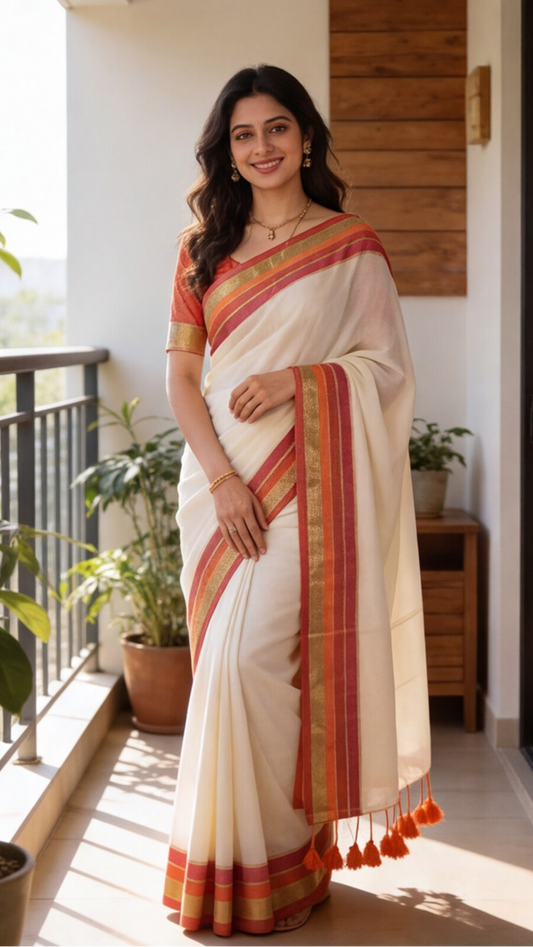 Mul Mul Cotton Saree - White with Orange