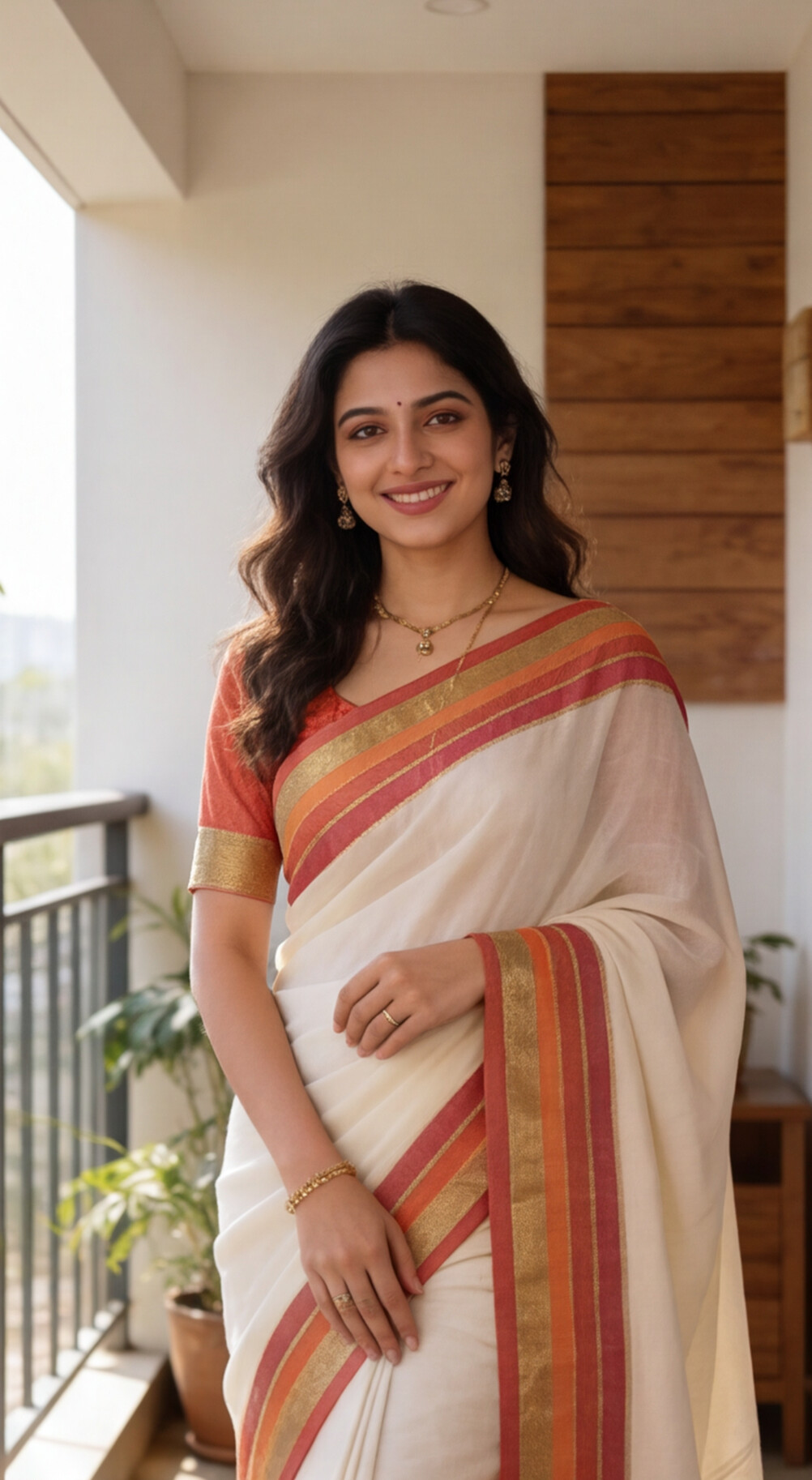 Mul Mul Cotton Saree - White with Orange
