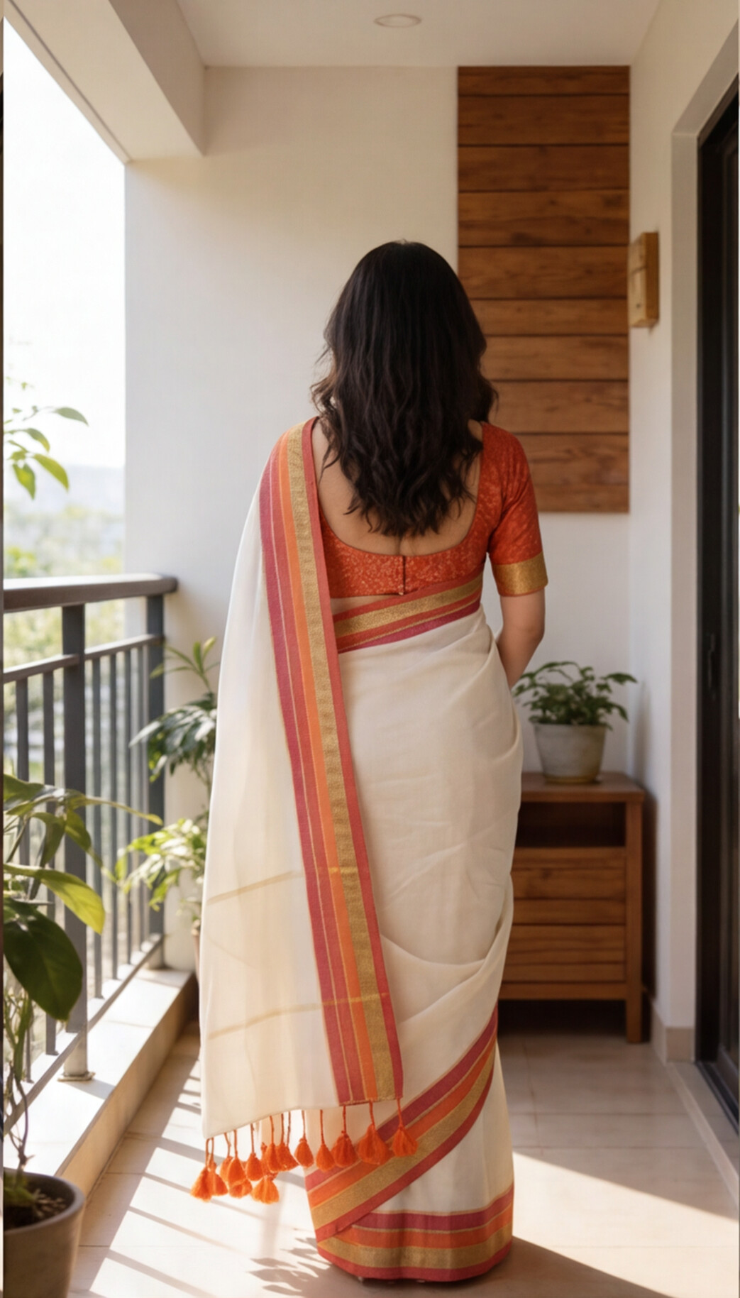 Mul Mul Cotton Saree - White with Orange