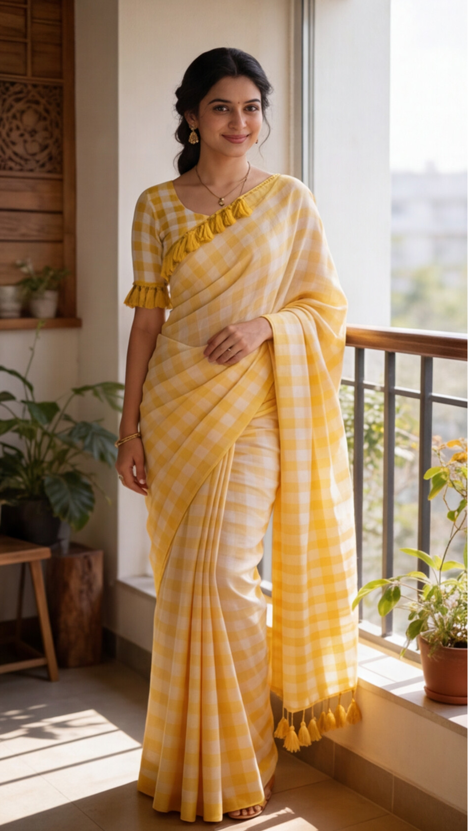Mul Mul Cotton Saree - White with Yellow Checks
