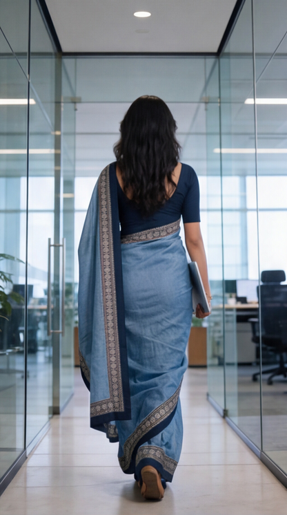 Narayanpet Saree - Blue with Navy Blue Border