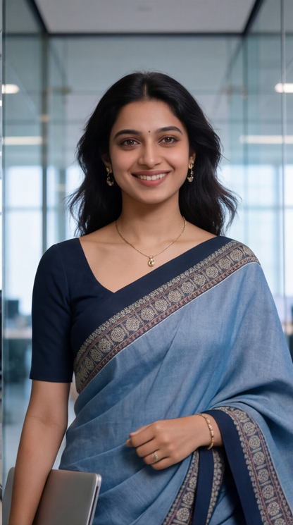Narayanpet Saree - Blue with Navy Blue Border