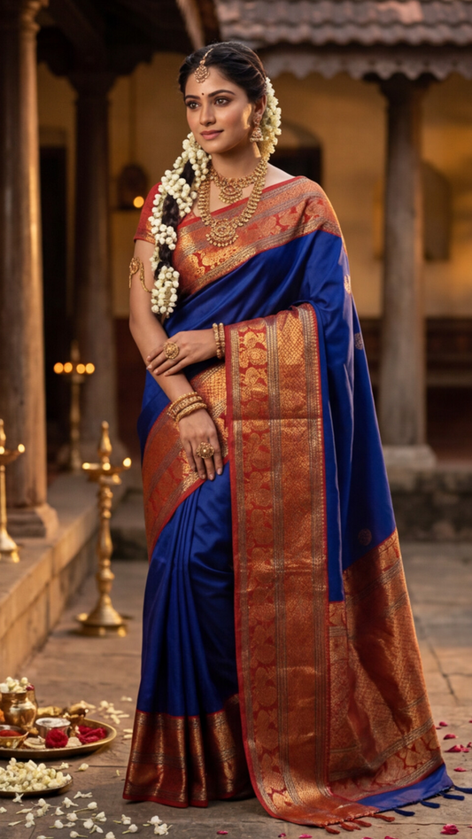 Narayanpet - Blue with Red Long Border saree