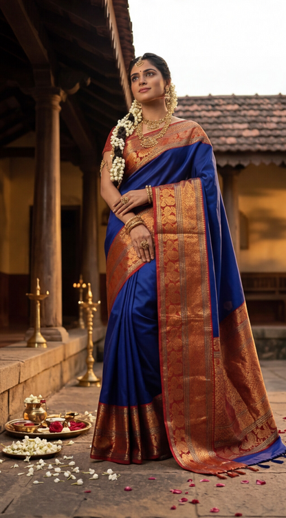 Narayanpet - Blue with Red Long Border saree