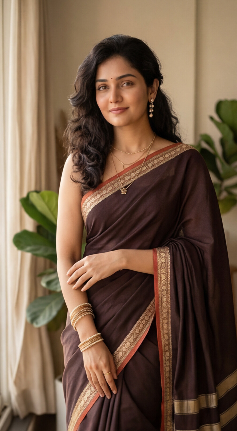 Narayanpet Saree - Brown with Red Border - NPEQ008