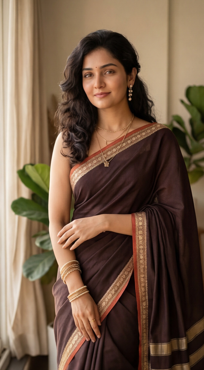 Narayanpet Saree - Brown with Red Border - NPEQ008
