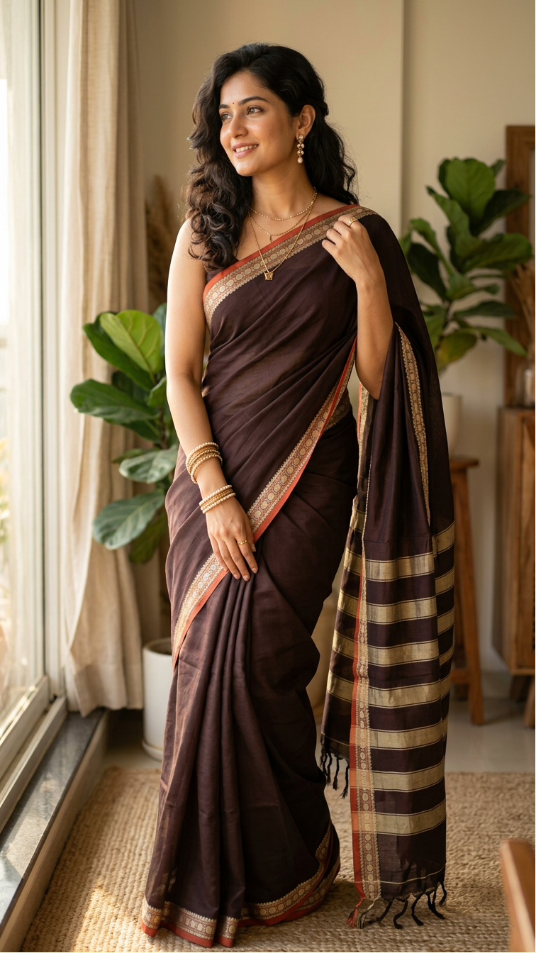 Narayanpet Saree - Brown with Red Border - NPEQ008