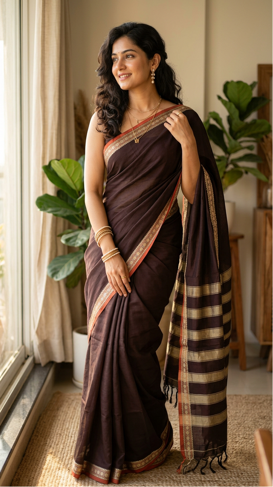 Narayanpet Saree - Brown with Red Border