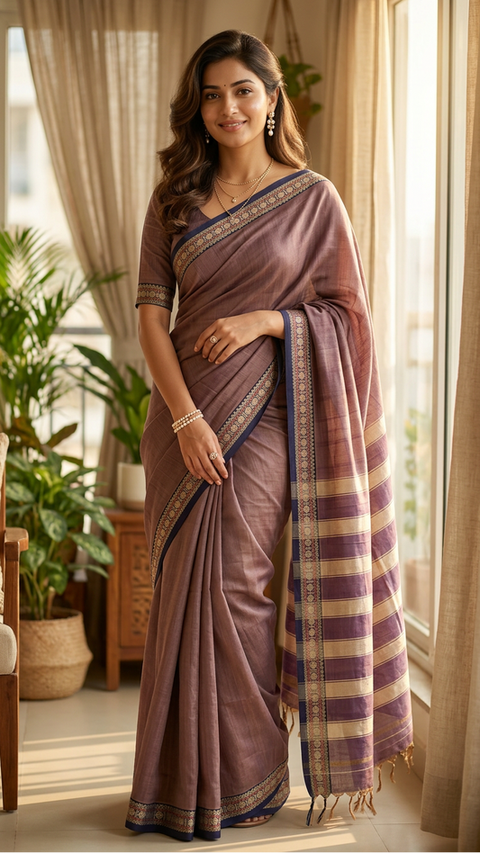 Narayanpet Saree - Dark Lavender with Navy Blue Border
