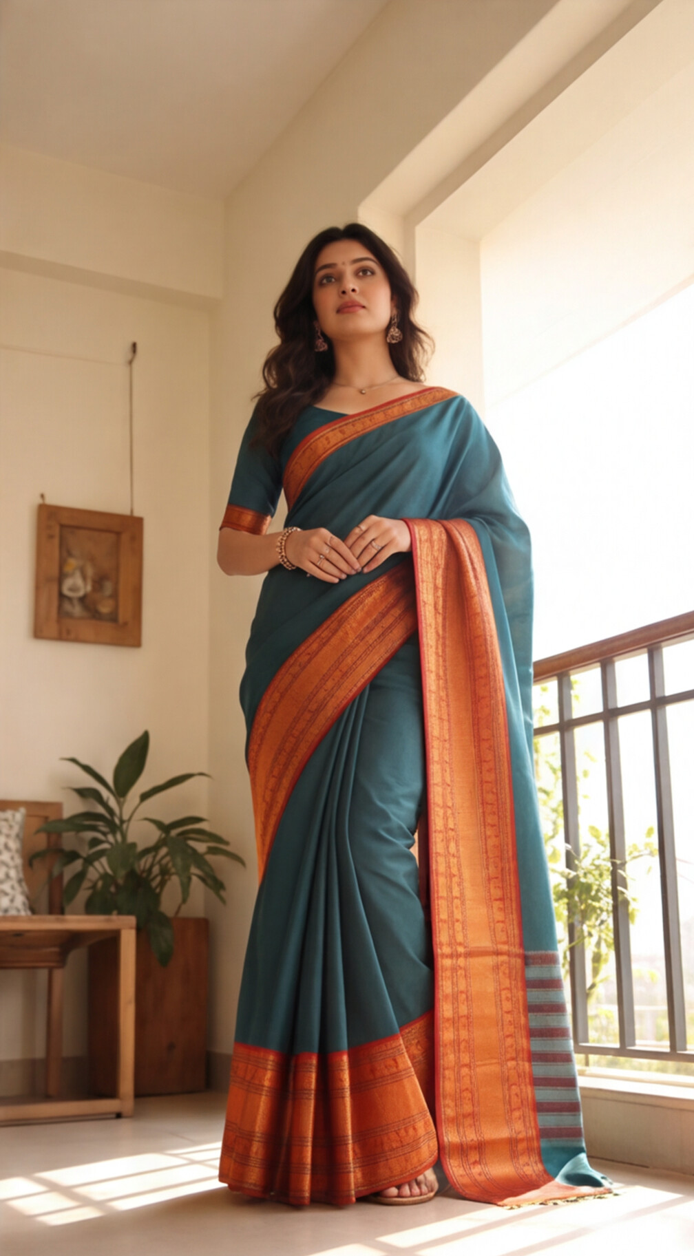 Narayanpet - Green with Red Long Border Saree - NPEQ004