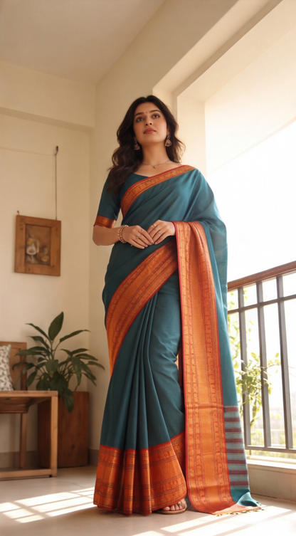 Narayanpet - Green with Red Long Border Saree - NPEQ004