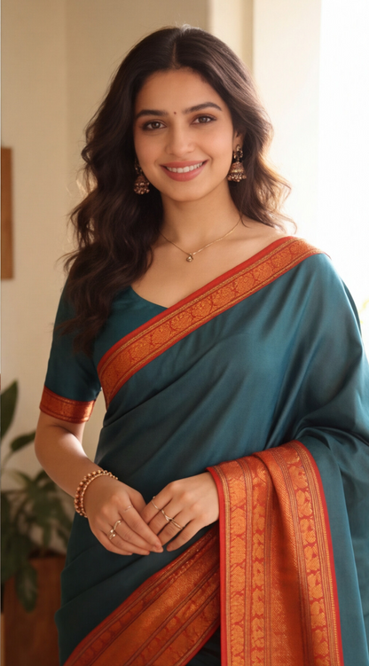 Narayanpet - Green with Red Long Border Saree - NPEQ004
