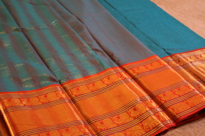 Narayanpet - Green with Red Long Border Saree - NPEQ004