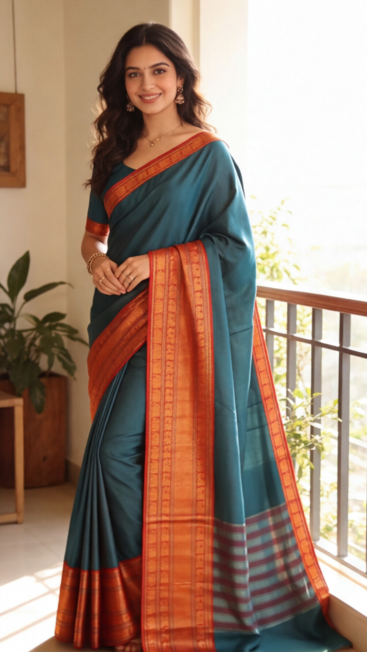 Narayanpet - Green with Red Long Border Saree - NPEQ004