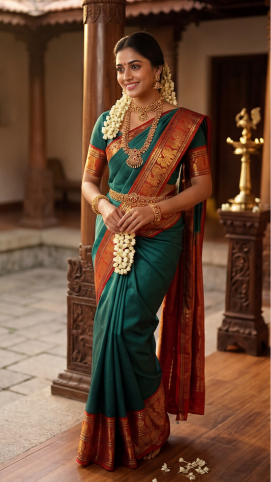 Narayanpet - Green with Red Long Border Saree