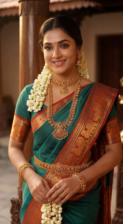 Narayanpet - Green with Red Long Border Saree