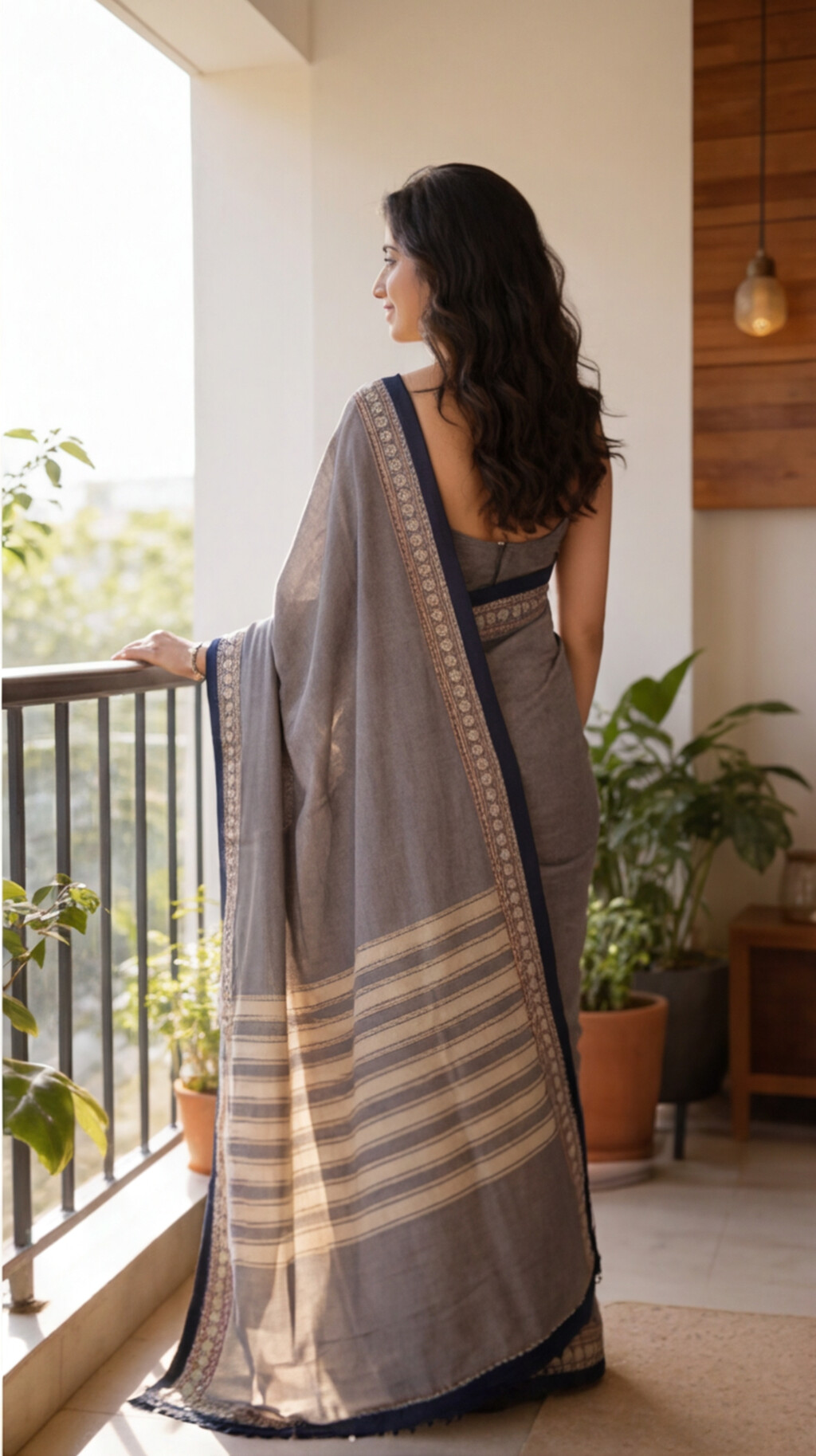 Narayanpet Saree - Grey with Navy Blue Border - NPEQ018