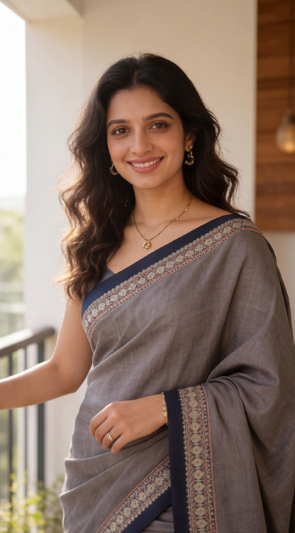 Narayanpet Saree - Grey with Navy Blue Border - NPEQ018