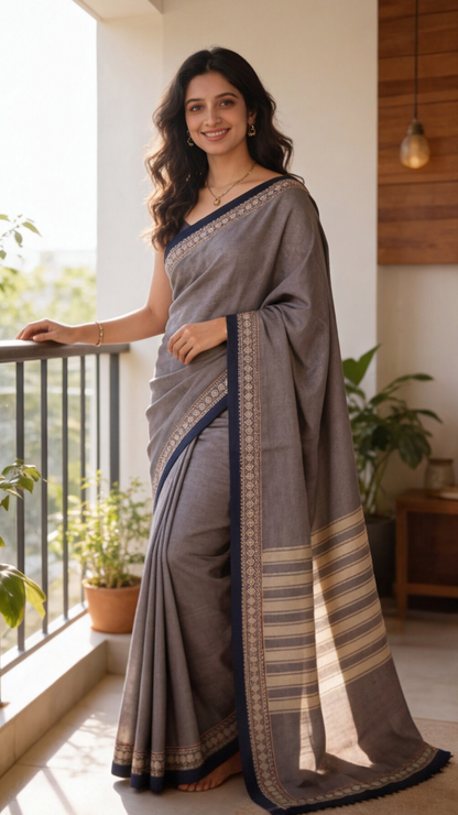 Narayanpet Saree - Grey with Navy Blue Border - NPEQ018