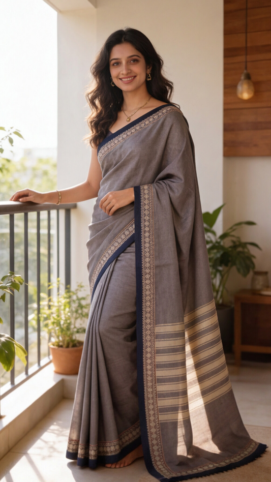 Narayanpet Saree - Grey with Navy Blue Border