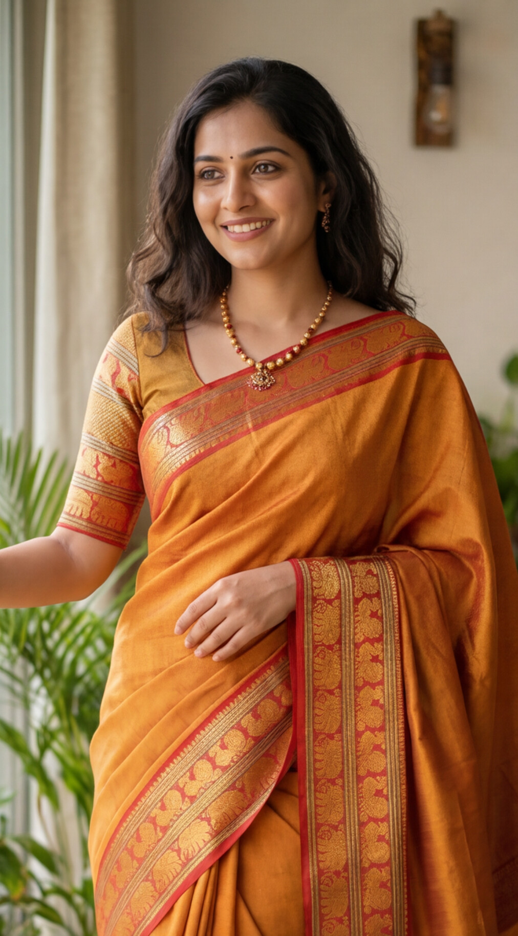 Narayanpet - Mustard yellow with Red Long Border Saree - NPEQ003