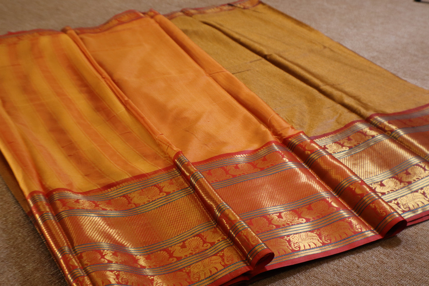 Narayanpet - Mustard yellow with Red Long Border Saree - NPEQ003