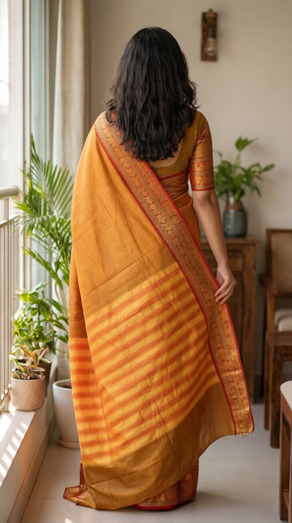 Narayanpet - Mustard yellow with Red Long Border Saree - NPEQ003