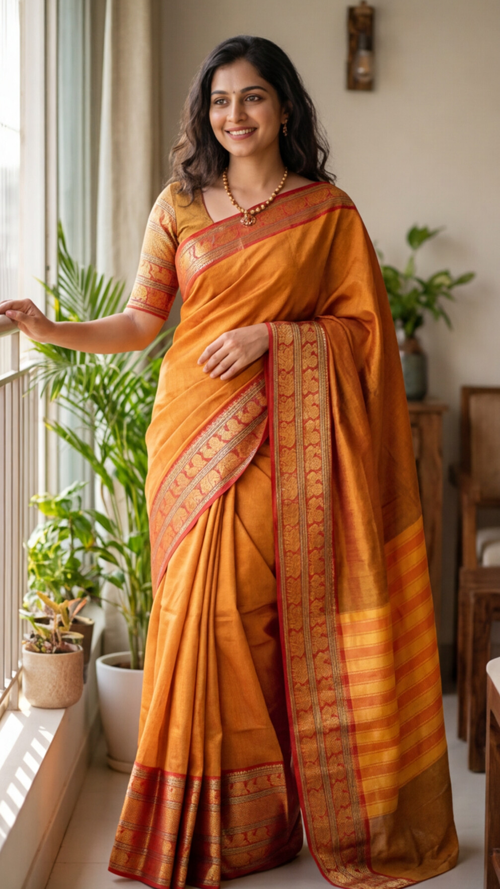 Narayanpet - Mustard yellow with Red Long Border Saree - NPEQ003