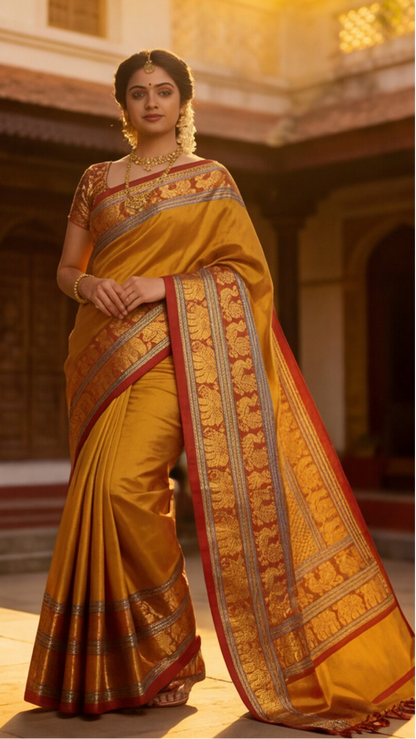 Narayanpet - Mustard yellow with Red Long Border Saree