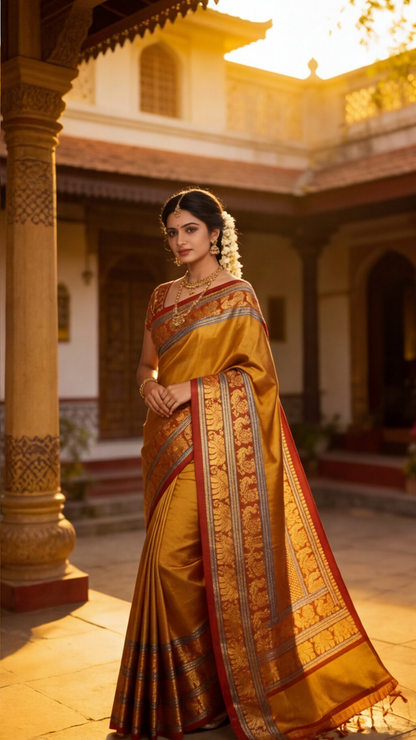 Narayanpet - Mustard yellow with Red Long Border Saree