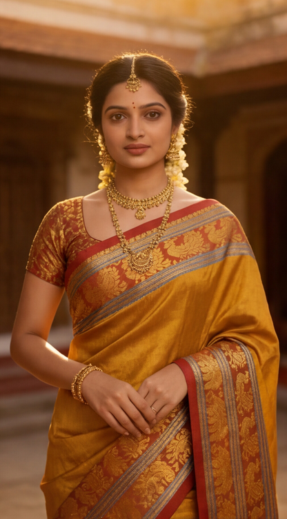 Narayanpet - Mustard yellow with Red Long Border Saree