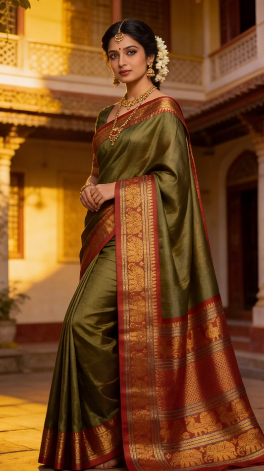 Narayanpet - Olive Green with Red Long Border Saree
