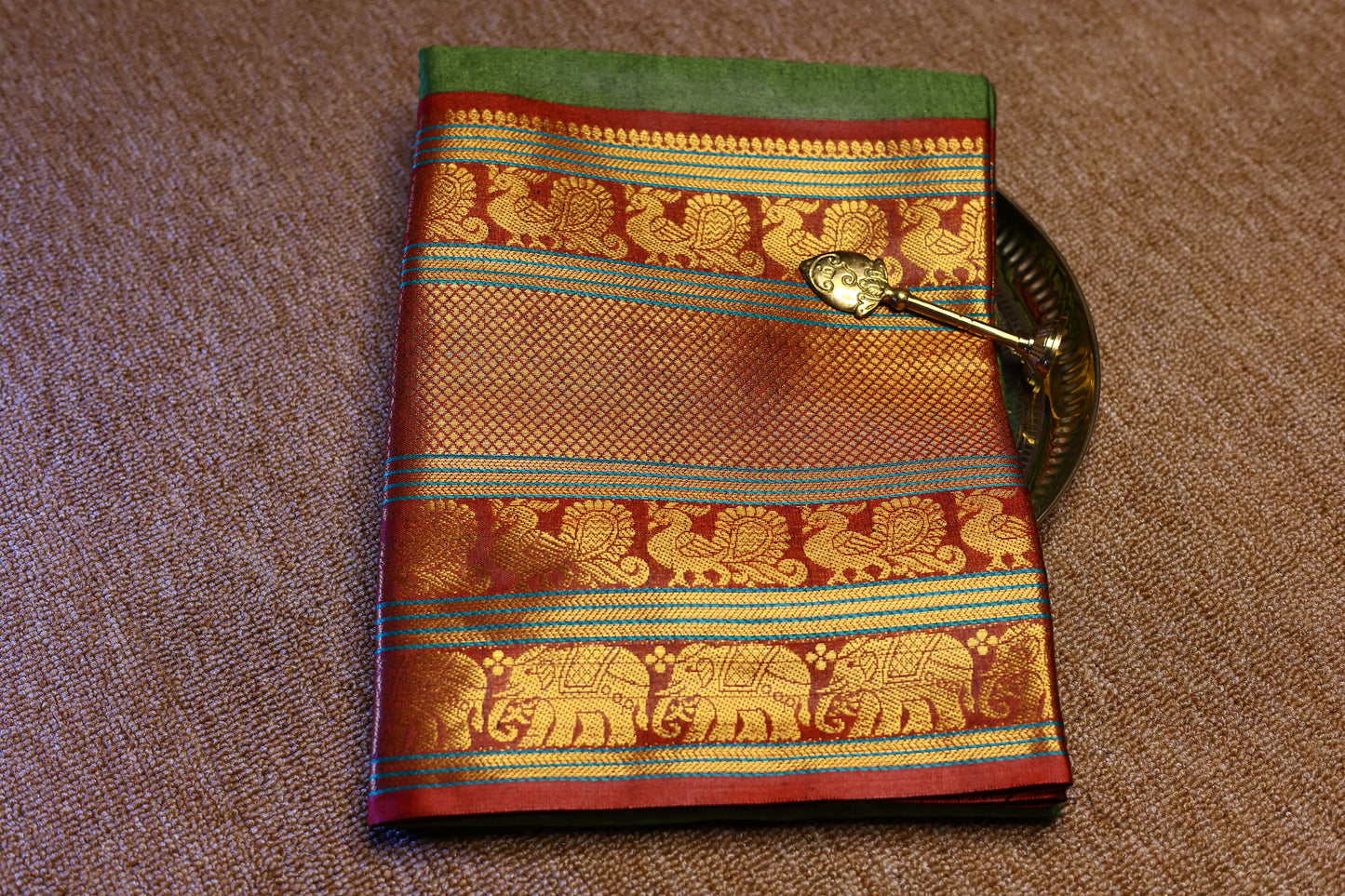 Narayanpet - Olive Green with Red Long Border Saree