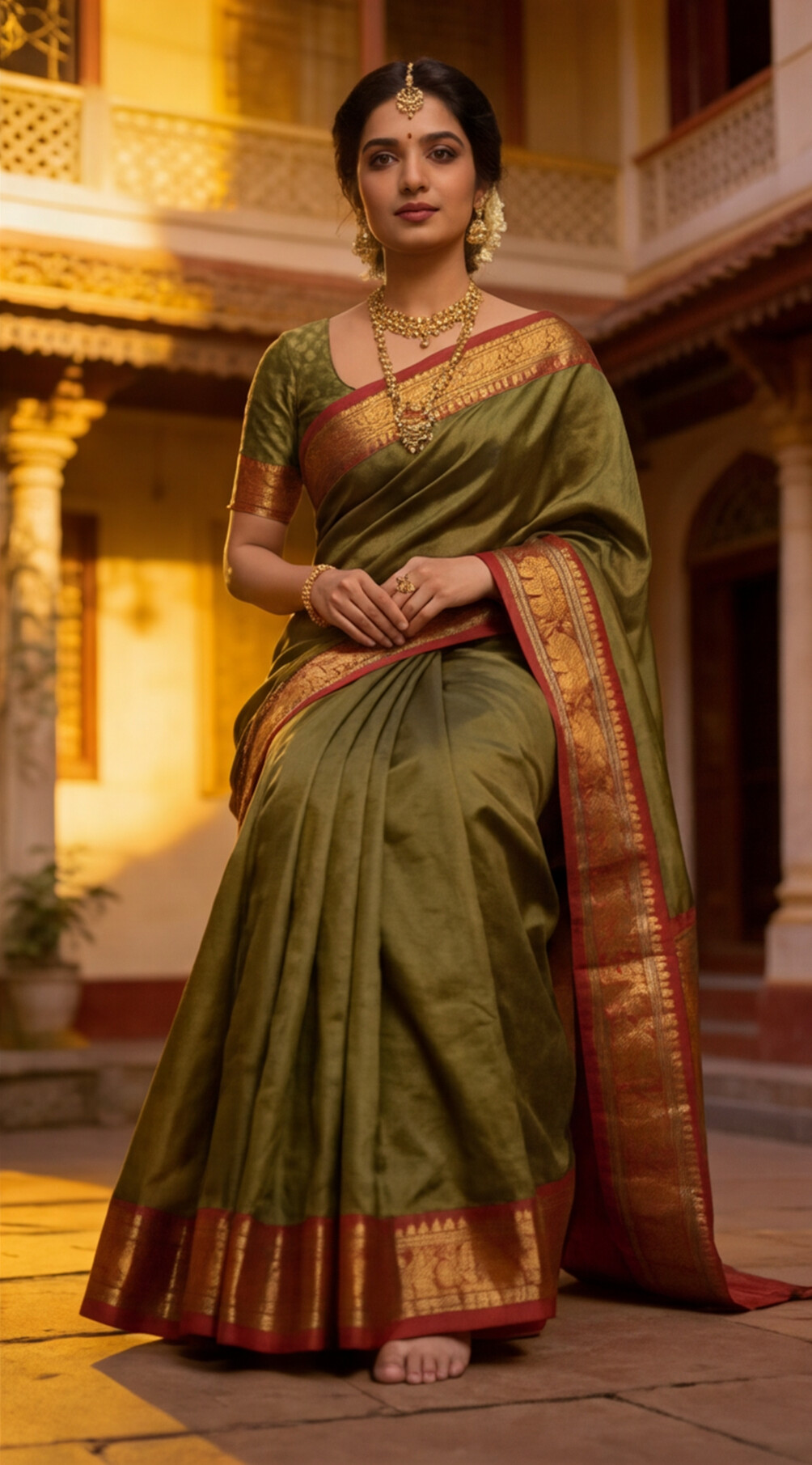 Narayanpet - Olive Green with Red Long Border Saree