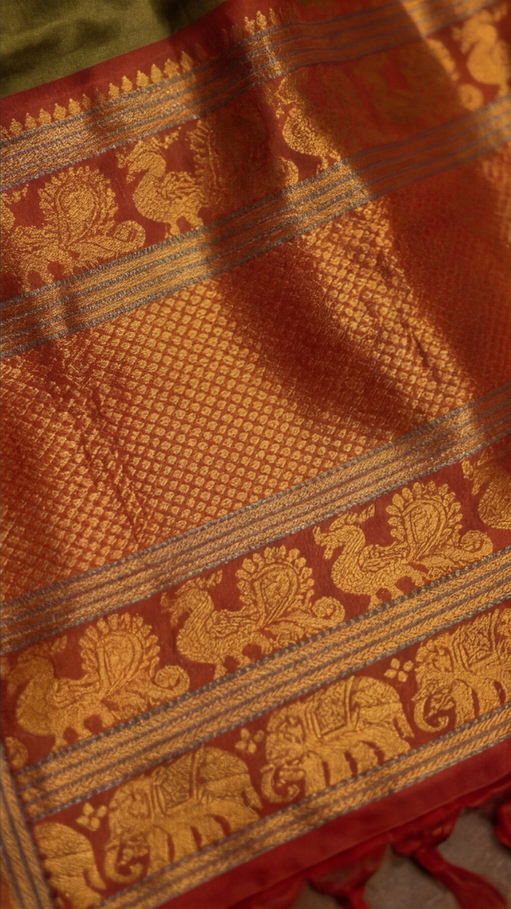 Narayanpet - Olive Green with Red Long Border Saree