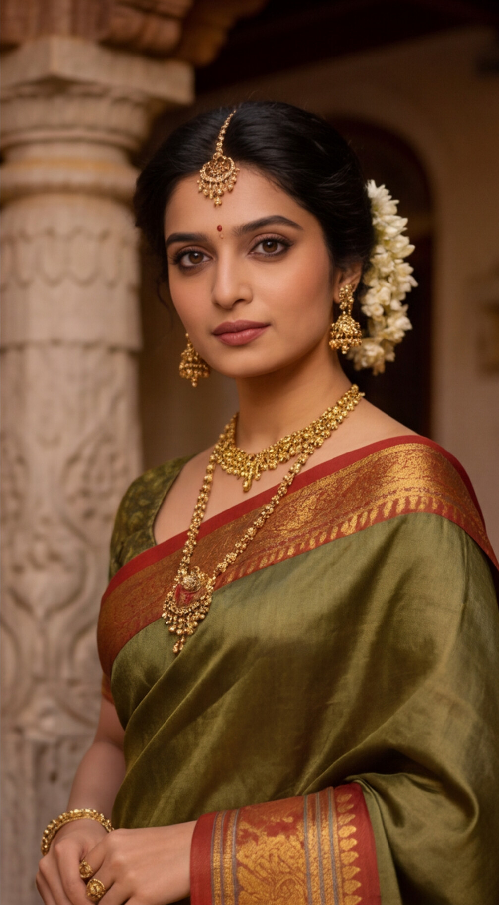 Narayanpet - Olive Green with Red Long Border Saree