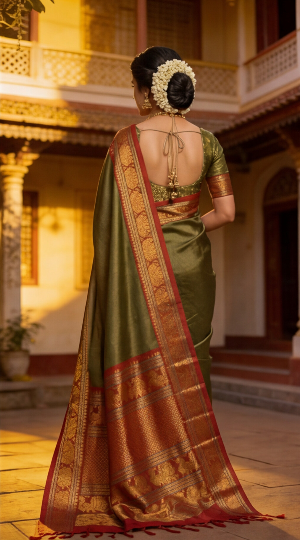 Narayanpet - Olive Green with Red Long Border Saree