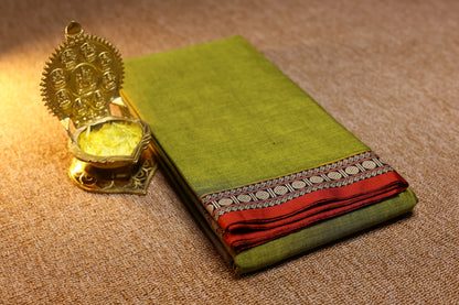 Narayanpet Saree - Parrot Green with Red Border