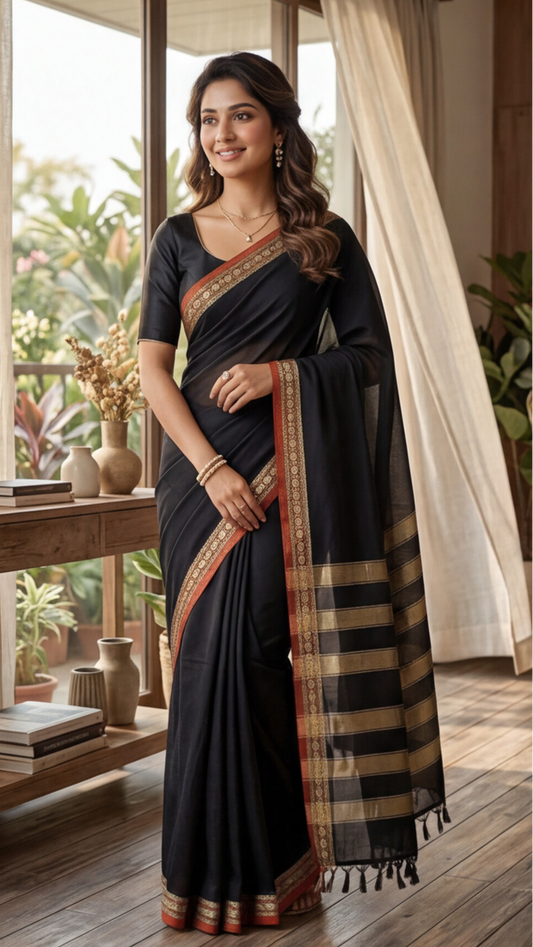 Narayanpet Saree - Black with Red Border