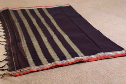 Narayanpet Saree - Brown with Red Border - NPEQ008