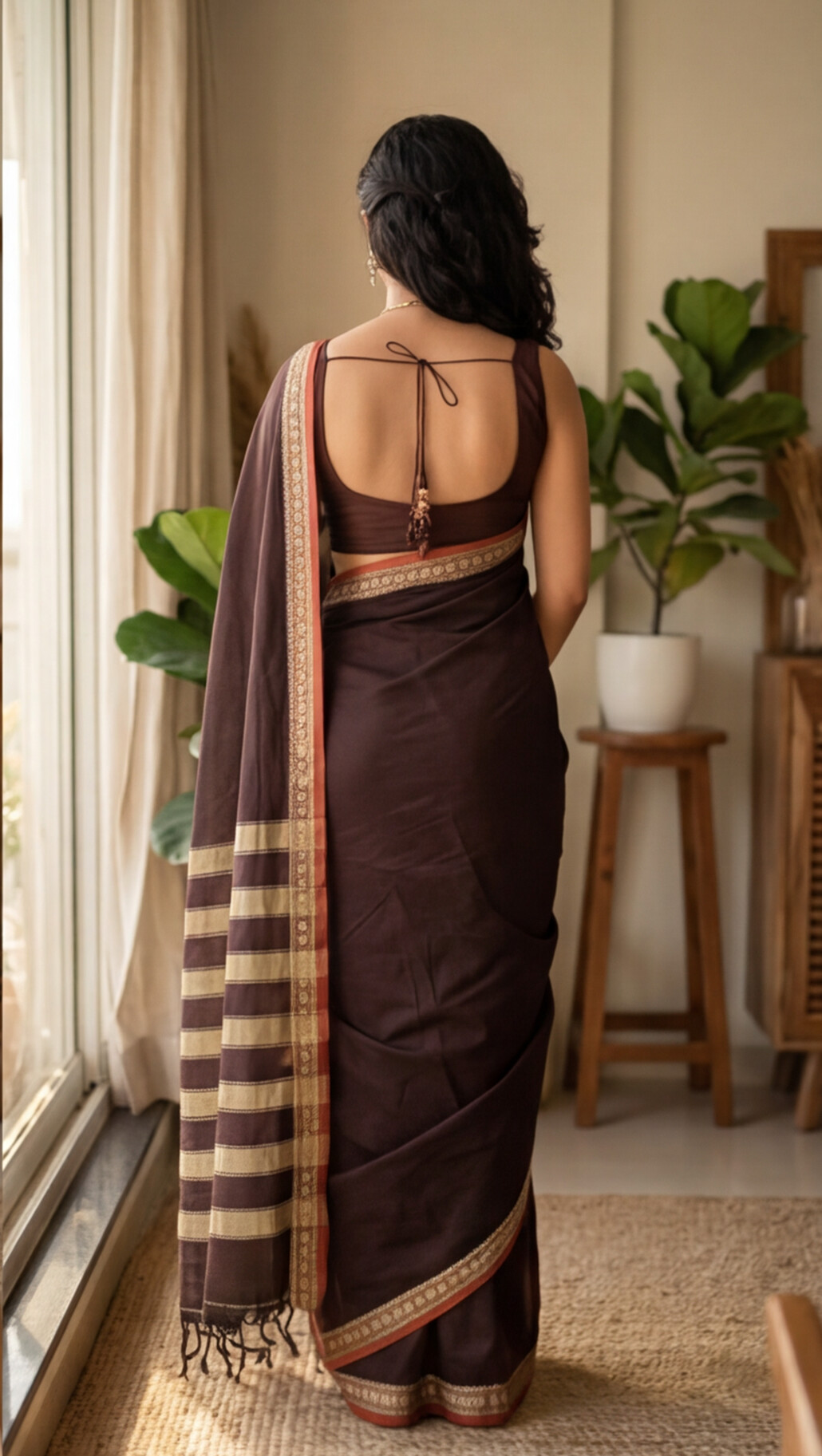 Narayanpet Saree - Brown with Red Border - NPEQ008