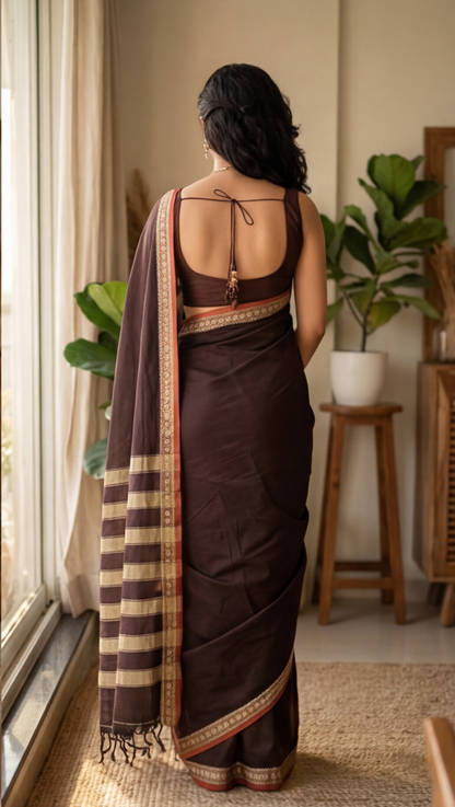 Narayanpet Saree - Brown with Red Border - NPEQ008