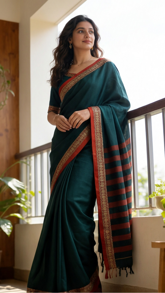Narayanpet Saree - Green with Red Border