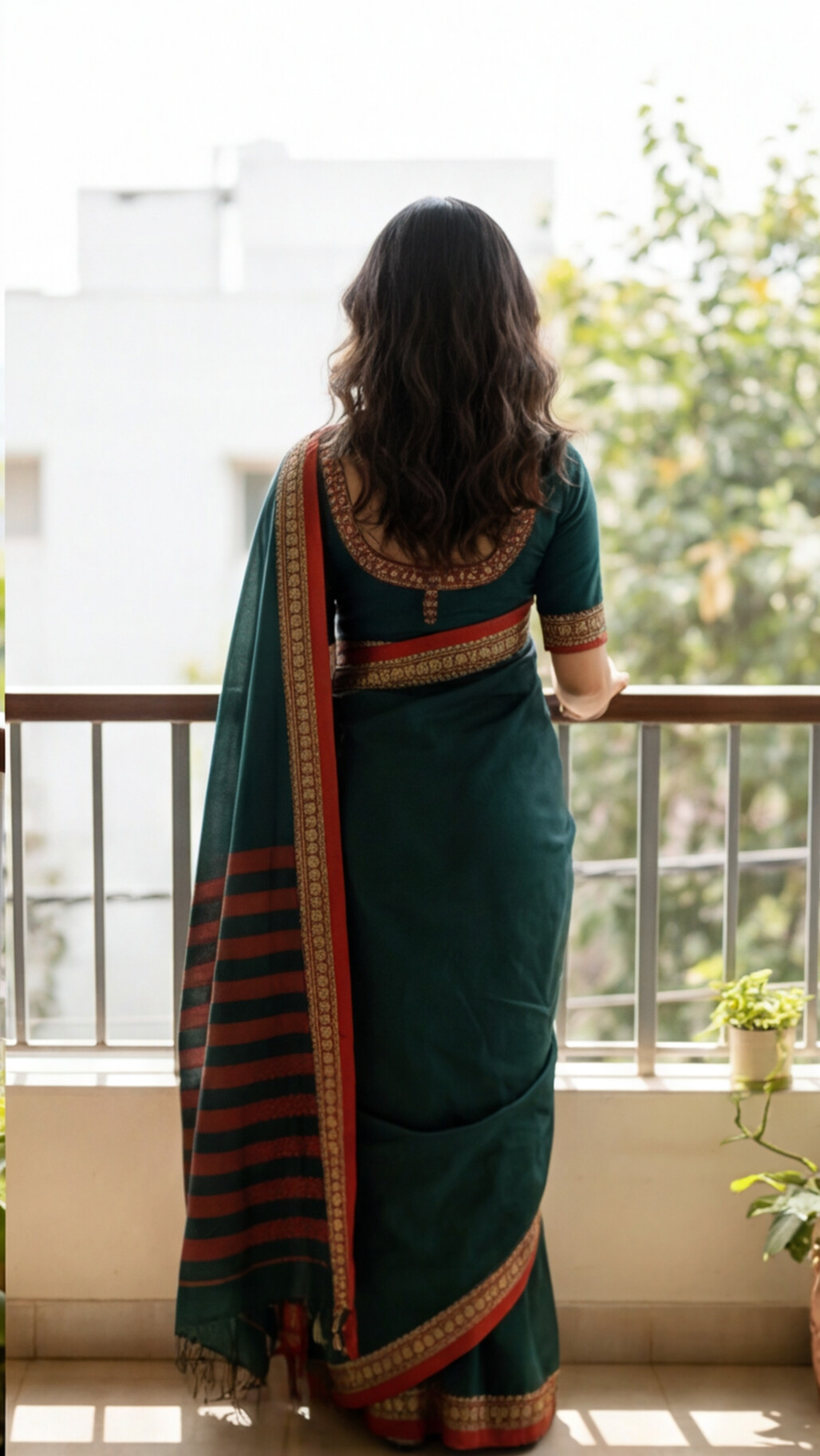Narayanpet Saree - Green with Red Border - NPEQ019