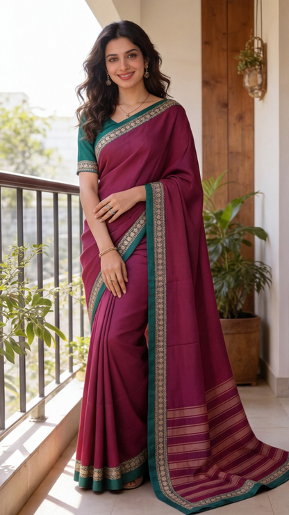 Narayanpet Saree - Magenta with Green Border