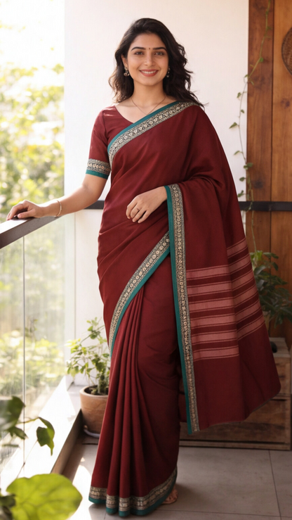 Narayanpet Saree - Maroon with Green Border - NPEQ017