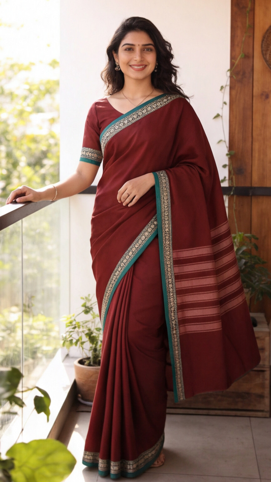 Narayanpet Saree - Maroon with Green Border