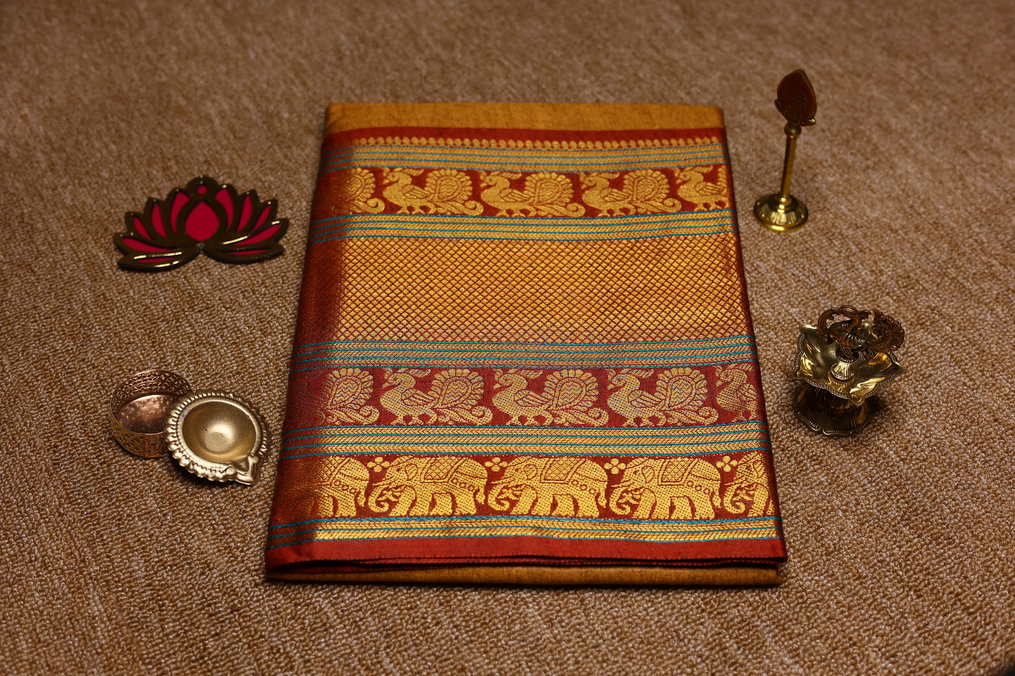 Narayanpet - Mustard yellow with Red Long Border Saree